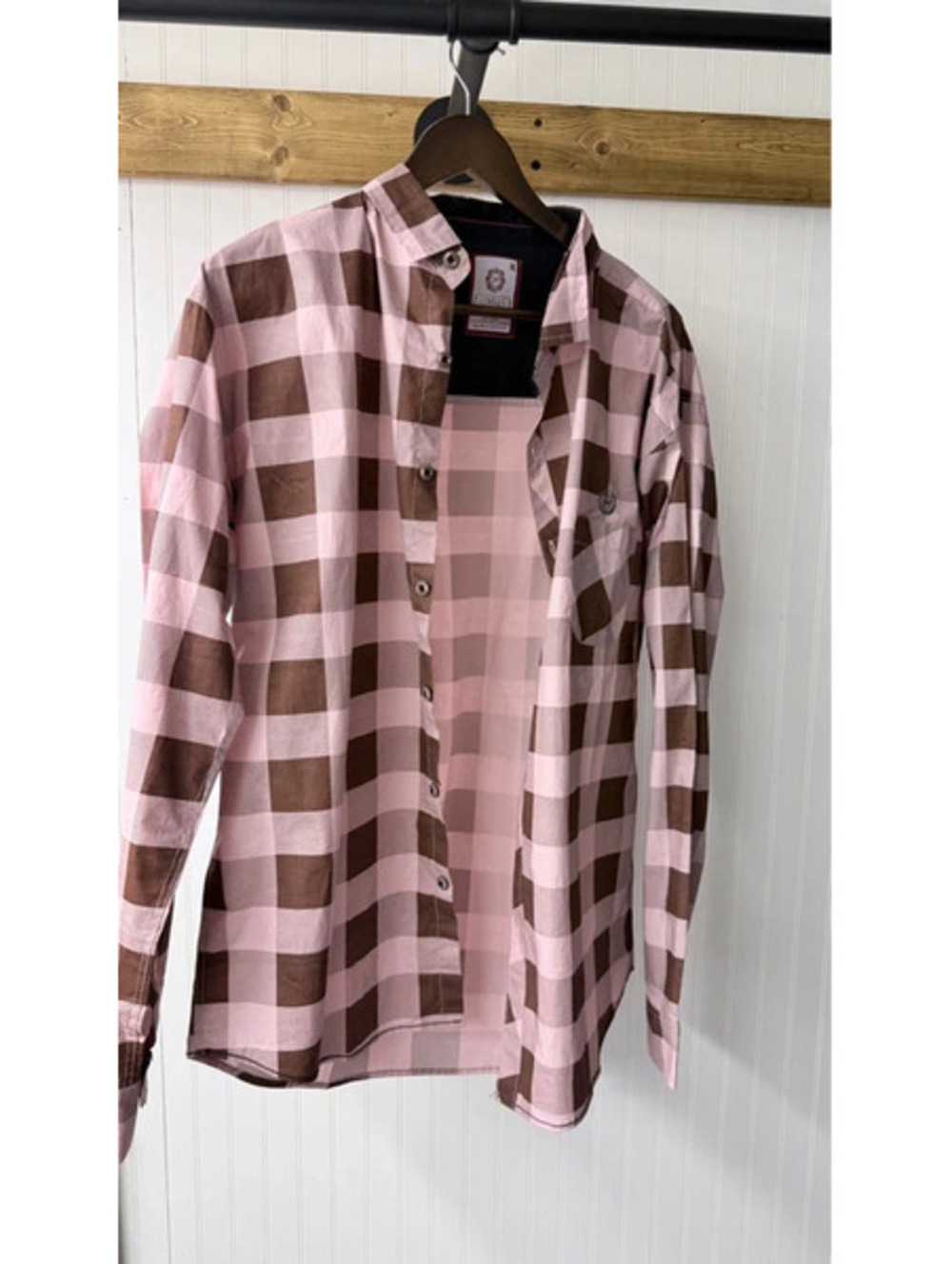 Holy's by Mud Creation button up shacket pink brown plaid raincoat